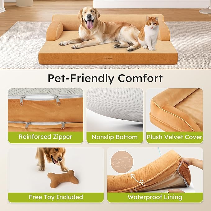 XL Plus Orthopedic Dog Bed, Big Dog Bed for Large Sized Dogs, Dual-Sided Pet Cooling Beds with Memory Foam Washable Cover Nonslip Bottom, Waterproof Pet Couch with Bolster, Brown