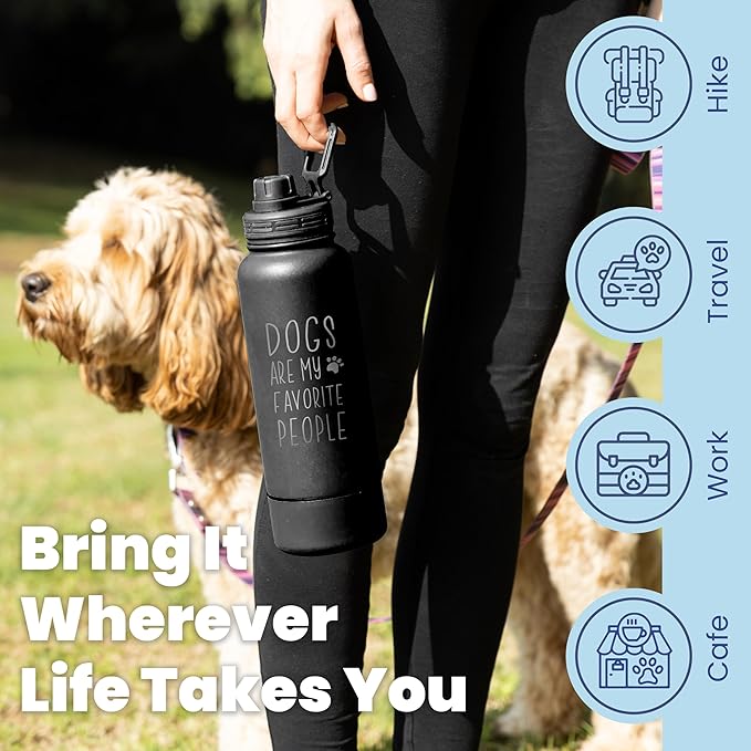Dog Water Bottle for Dog Lovers - 32 oz Stainless Steel Double Wall Insulated Water Bottle with 8 oz Detachable Bowl on Bottom- Doggy Lover Gift for Hiking, Walks, Travel - “Favorite People” Black