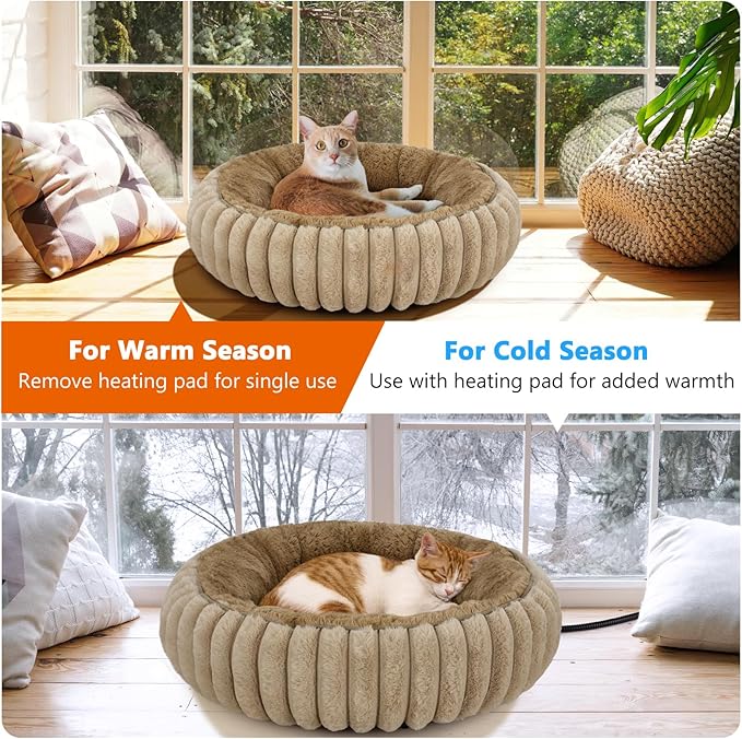 INVENHO Heated Cat Beds for Indoor Cats and Small Dogs, 20" Cozy Donut Heated Pet Bed with Timer & Temp Adjustable, Removable Waterproof Electric Warming Bed for Indoor Cat