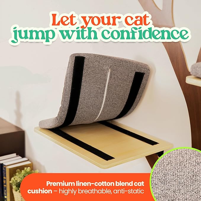 Modern Wall-Mounted Cat Tree for Large Cats – Luxury Wooden Cat Shelves with Wide Anti-Slip Platforms, Designer Cat Furniture for Indoor Wall Climbing – Space Saving Aesthetic