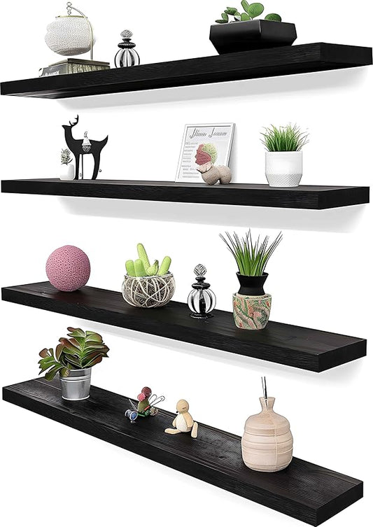36 Inch Black Wood Floating Shelves for Wall Rustic Wall Shelf for Bedroom Living Room Set of 4