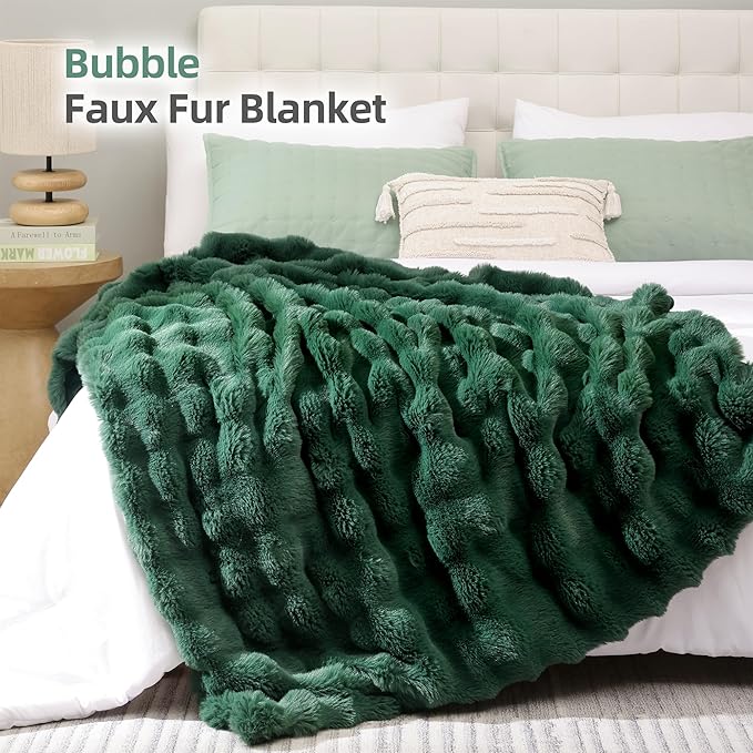 Smoofy Faux Fur Throw Blanket for Couch – Dark Green Fluffy Cozy Rabbit Fleece, Plush Soft Bubble Blanket for Sofa & Bed, for Mom, Warm Fuzzy Home Room Decor Throw 50" x 60"