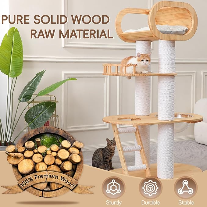63'' Tall Solid Wood Modern Cat Tree Tower for Indoor Large Cats,Multi-Level Heavy Duty Cat Furniture with Condo Removable Cushion Sisal Scratching Posts Clear Bowl Hammock for Maine Coon