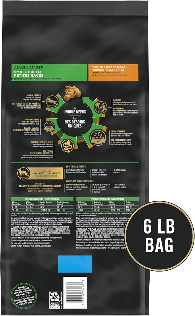 Purina Pro Plan Small Breed Dog Food With Probiotics for Dogs, Shredded Blend Chicken & Rice Formula - 6 lb. Bag