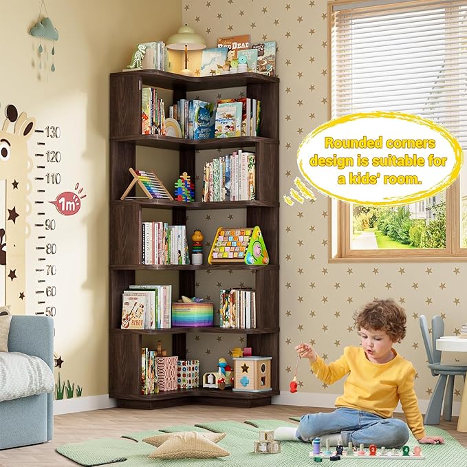 Armocity Corner Book Shelf - 6 Tier Corner Bookshelf Etagere Bookcase with Baffle, Freestanding L Shaped Display Shelf Stand for Home Office, Living Room, Bedroom, Kitchen, Black Walnut