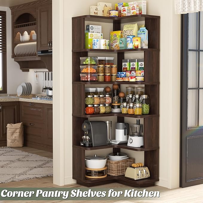 Armocity Corner Book Shelf - 6 Tier Corner Bookshelf Etagere Bookcase with Baffle, Freestanding L Shaped Display Shelf Stand for Home Office, Living Room, Bedroom, Kitchen, Black Walnut