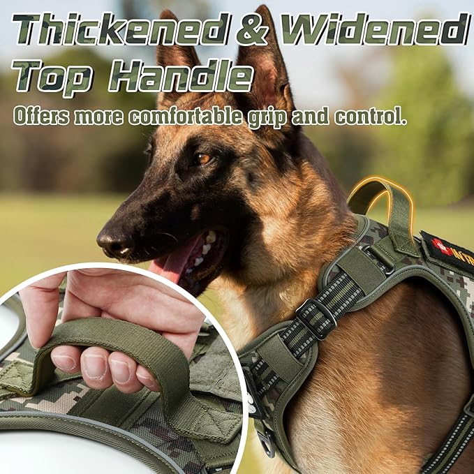 rabbitgoo Tactical Dog Harness for Large Dogs, No Pull Military Service Vest with Handle & Molle, Easy Control for Training Walking, Adjustable Reflective Straps, Green camo, XL