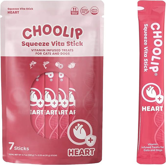 Choolip Squeeze Vita Stick Lickable Cat and Dog Treats – 7-Count Heart Support Sticks with Multivitamins, Soft Squeezable Paste for All Life Stages, Supporting Heart Health