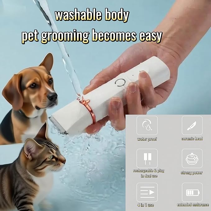 4 in 1 Pet Dog Cat Grooming Kit Dog Cat Nail Ear Paw Clipper Trimmer Pet Hair Grooming Clipper-Low Noise Rechargeable - Cordless Quiet Nail Grinder Trimming Hair Around Eyes and Ears (White)