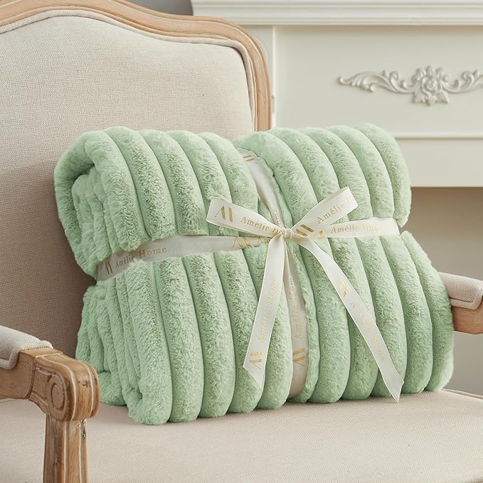 Amélie Home Faux Fur Throw Blanket for Couch, Cozy Fuzzy Fluffy Fur Luxurious Soft Striped Plush Gift Blankets for Family Sofa Chair Bedroom, 55"x70", Sage Green