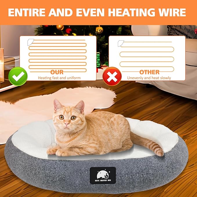 Heated Cat Bed for Small Cats, 19" Soft & Cozy Donut Pet Bed With Timer & Temp Adjustable Heating Pad for Indoor Kitten, Electric Warmer