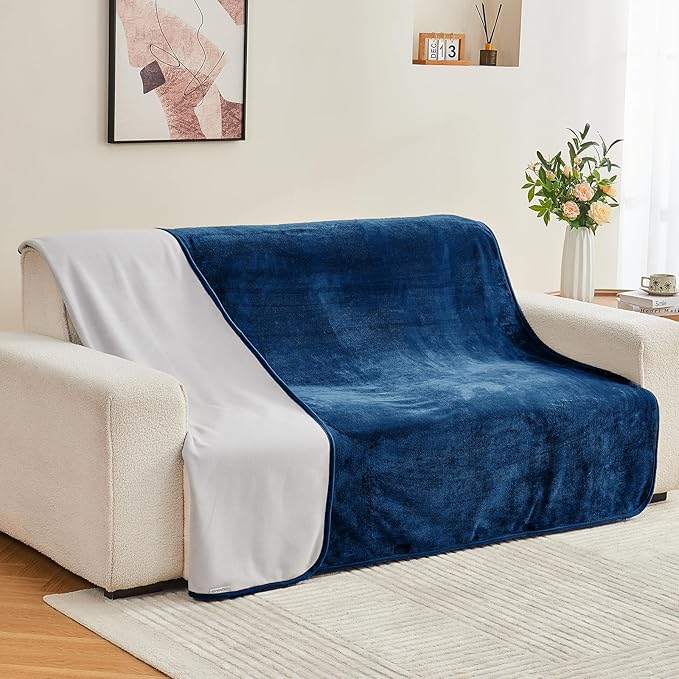 Waterproof Blanket 80"x90" for Adults, Reversible Waterproof Bed Cover for Dogs Cats Pets, Soft Leakproof Blanket for Bed Couch Sofa Furniture Protector, Navy Blue/Light Grey