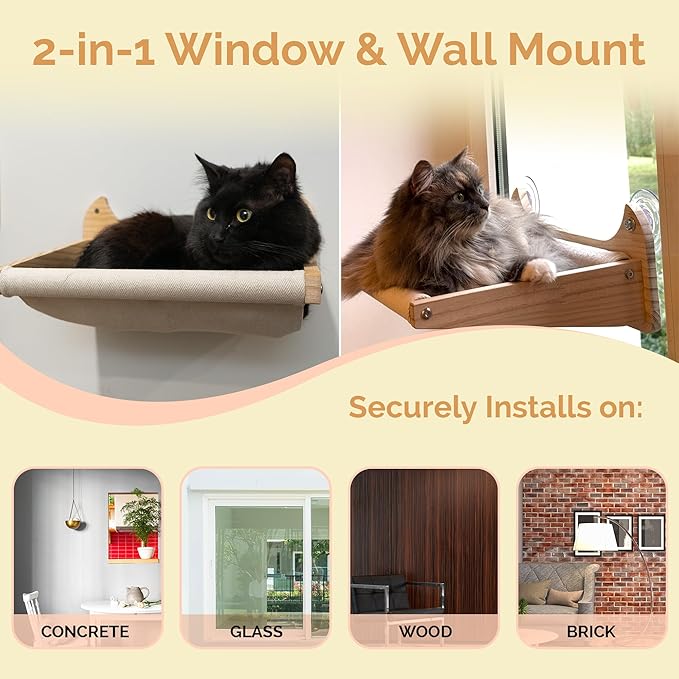 Window/Wall Mount Cat Wall Shelves by Pet Savvy – Cat Hammock (Oatmeal), Scratching Post with Landing, Two Steps – Natural Pine, Jute Rope, Sized for Cats up to 25lbs – 4 pc Set