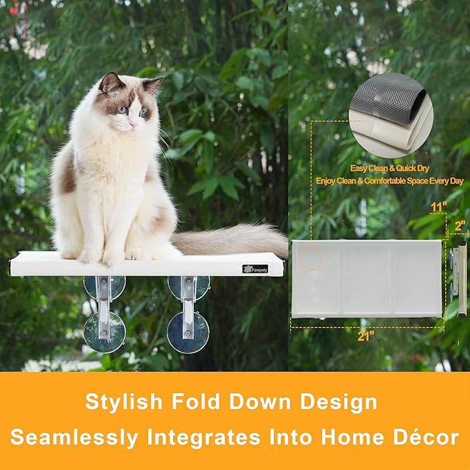 21" Large Cat Window Perch, Foldable & Cordless, Holds Up to 60lbs, Preassembled, 4 Extra Suction Cups, Sturdy Support, Textilene Bed, Easy Clean & Quick Dry - White