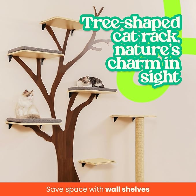 Modern Wall-Mounted Cat Tree for Large Cats – Luxury Wooden Cat Shelves with Wide Anti-Slip Platforms, Designer Cat Furniture for Indoor Wall Climbing – Space Saving Aesthetic