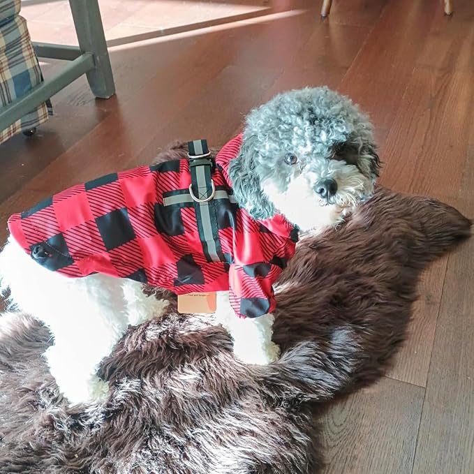 BEAUTYZOO Dog Raincoat Hooded with Harness Built-in for Small Medium Large Dogs Girls Boys, Dog Rain Jacket Slicker Poncho,Waterproof Dog Rain Coat Clothes for Winter Rainy Snowy Days, Buffalo Red, S