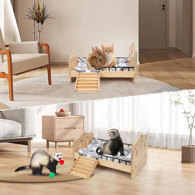 Wooden Rabbit Bed,Detachable Small Animal Bed,Wooden Guinea Pig Bed with Stairs and Washable Mat,Guinea Pig Toys for Rabbit Chinchillas Hamster Ferret(Small Rabbits & Bunny Only) 16.5 * 11 * 3.9inch