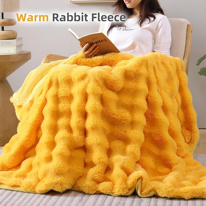 Smoofy Faux Fur Throw Blanket for Couch – Mustard Yellow Fluffy Cozy Rabbit Fleece, Plush Soft Bubble Blanket for Sofa & Bed, for Mom, Warm Fuzzy Home Room Decor Throw 60" x 80"