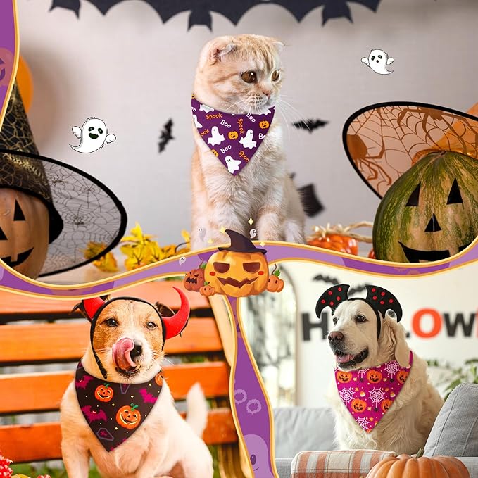 Preboun 50 Pcs Halloween Dog Bandanas Bulk Pumpkin Ghost Bandanas for Dogs Colorful Triangle Kerchief Bibs Scarf Set for Pet Costume Photo Props Accessories Pet Shops, 25 Styles (25.6 x 17.7 x 17.7)