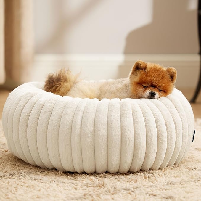 Bedsure Donut Small Dog Bed - Dog Beds for Small Dogs with Corduroy Fleece & Anti Slip Bottom, Round Faux Fur Pet Beds with Washable Removable Cover, Cream, 23x23x7 inches