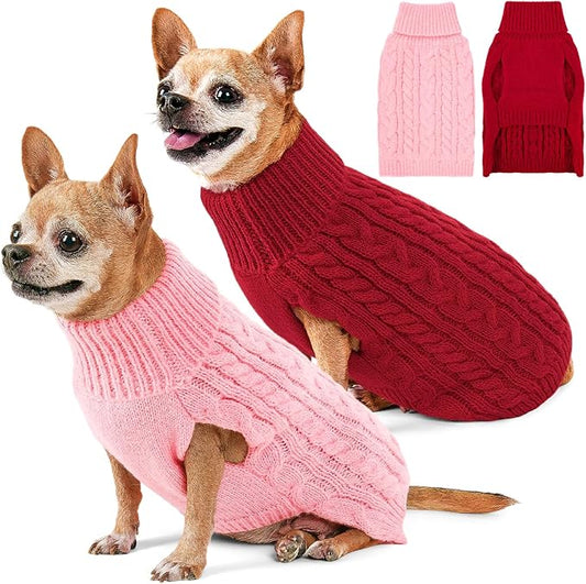 2 Pack Dog Sweaters for Small Dogs Turtleneck Pullover Cable Knit Puppy Stretch Clothes Chihuahua Yorkie Pomeranian Toy Poodle Boy Girl Pets Winter Doggie Clothes (S, Pink & Red)