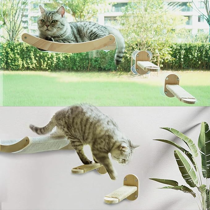 2-in-1 Cat Window Perch & Wall Shelves, Cozy Cat Window Hammock for Indoor Cats with 2 Pack of Sisal Window Shelf - Solid Wood Wall Mounted Furniture,for Sunbathing, Napping & Overlooking