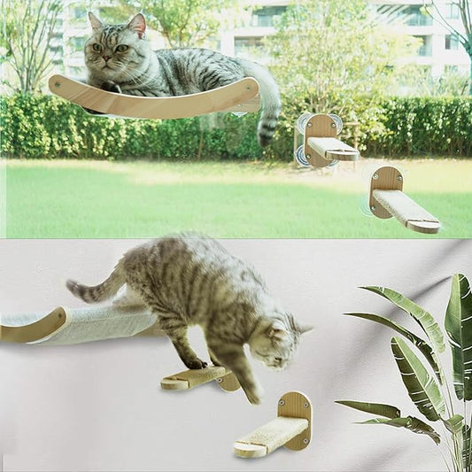 2-in-1 Cat Window Perch & Wall Shelves, Cozy Cat Window Hammock for Indoor Cats with 2 Pack of Sisal Window Shelf - Solid Wood Wall Mounted Furniture,for Sunbathing, Napping & Overlooking