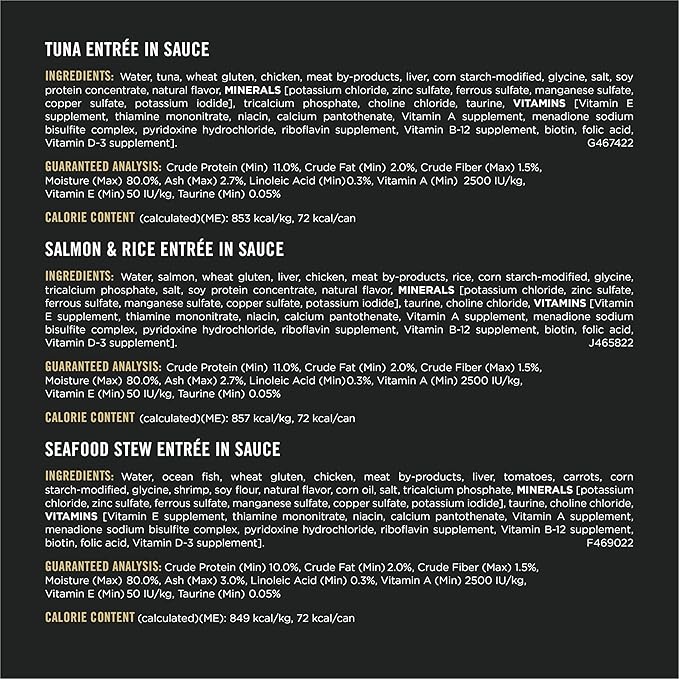 Purina Pro Plan High Protein Wet Cat Food Variety Pack, Complete Essentials Seafood Favorites - (2 Packs of 12) 3 oz. Cans