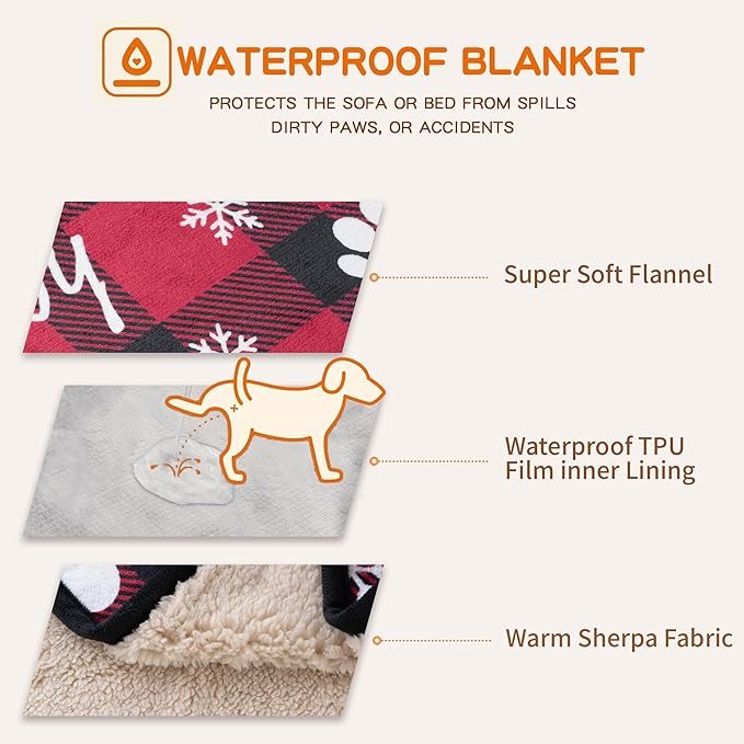 Waterproof Dog Blankets Pet Blanket 50"x60", Soft Fluffy Sofa Car Bed Protector, Reversible Sherpa Fleece Dog Blanket for Large Dogs Christmas Decor(Snow Red)