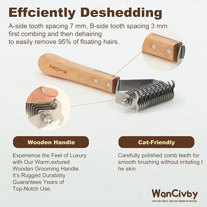 Undercoat Rake for Dogs Brush for cat shedding tool Grooming Comb19Blade Dematting Tool Pet Brush Dual Side Large Medium Small Dogs and Cats Shedding Brush, Premium Wood Handle