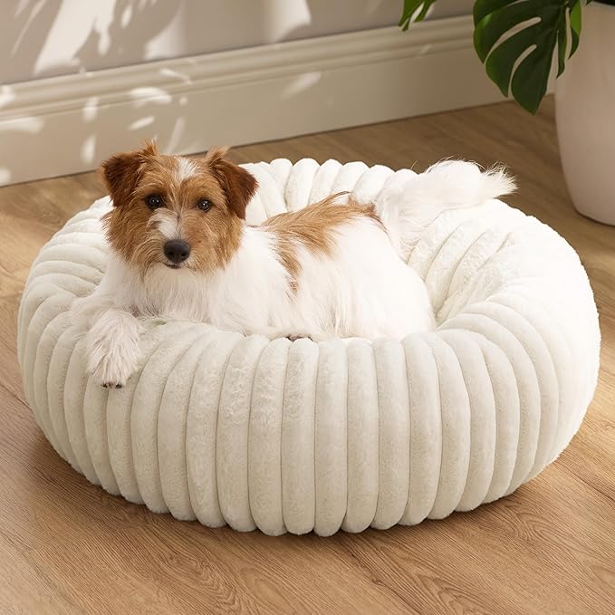 Bedsure Donut Small Dog Bed - Dog Beds for Small Dogs with Corduroy Fleece & Anti Slip Bottom, Round Faux Fur Pet Beds with Washable Removable Cover, Cream, 27x27x8 inches