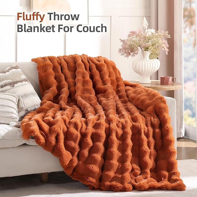 Smoofy Faux Fur Fall Throw Blanket for Couch – Burnt Orange Fluffy Cozy Rabbit Fleece, Plush Soft Bubble Blanket for Sofa & Bed, for Mom, Warm Fuzzy Home Room Decor Throw 60" x 80"