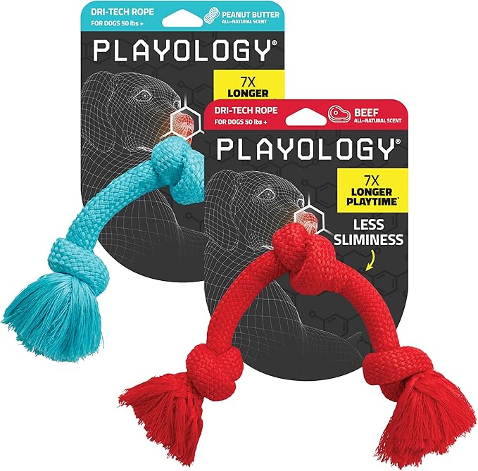 Playology Dog Toys | Dri-Tech Rope Toy Tug of War Rope for Aggressive Chewers (Value 2-Pack) | Medium Peanut Butter/Beef Scented Toys - Easy to Clean and Made from Non Toxic Materials