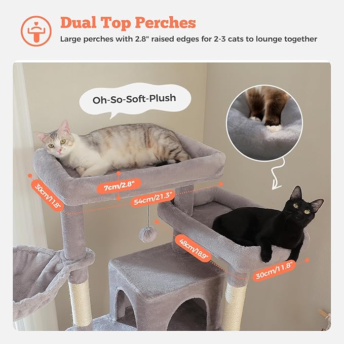 81 Inches Tall Cat Tree for Indoor Cats Large Adult - Multi-Level Cat Tower with Large Metal Frame Hammock, 2-in-1 Scratching Ramp, 2 Top Perches, 2 Cozy Condos & 6 Scratching Posts - Grey
