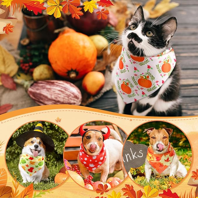 Preboun 200 Pcs Fall Thanksgiving Dog Bandana Bulk Pumpkin Maple Leaves Bandana for Dogs Triangle Kerchief Bib Scarf for Pets Autumn Costume Photo Props Accessories Pet Shops Adoption Event, 25 Styles
