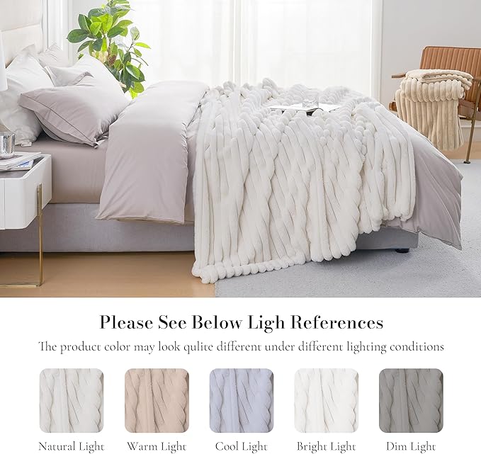 Amélie Home Faux Fur Throw Blanket for Couch, Cozy Fuzzy Fluffy Fur Luxurious Soft Striped Plush Gift Blankets for Family Sofa Chair, 60"x80", Ivory