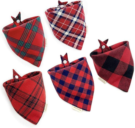 5PCS Dog Bandanas with Button - Thick Triangle Bibs Dual Layer Soft Cotton Scarves for Small Medium Boy Girl Puppy Cat Pet Baby Square Plaid Printing Washable Kerchief Halloween Costumes Outfits