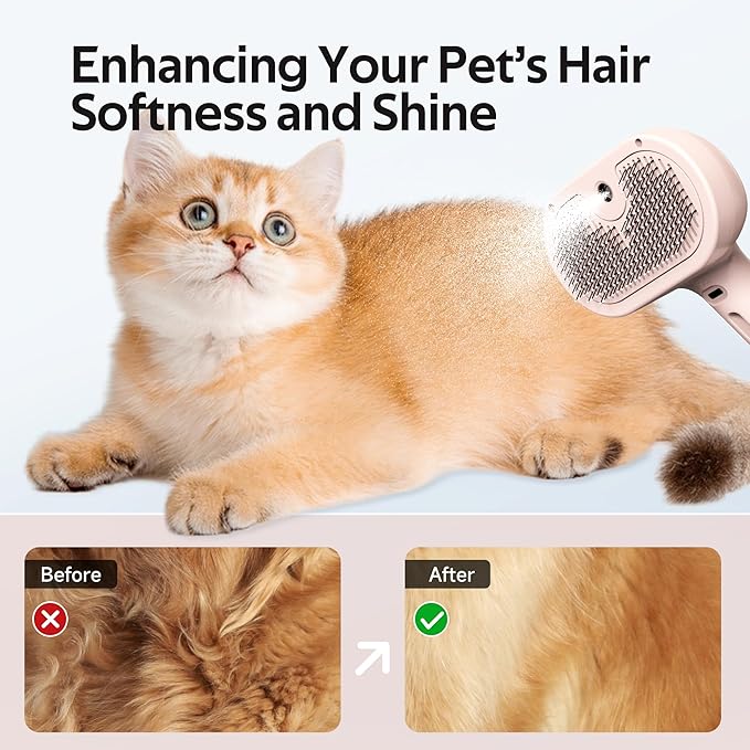 Pet Grooming Brush with Electronic Mist Spray - Gentle Deshedding Tool for Cats & Dogs, Pet Steam Brush,Reduces Shedding, Soft Bristles, Promotes Healthy Coat-Comes with a hair smoothing comb-Red