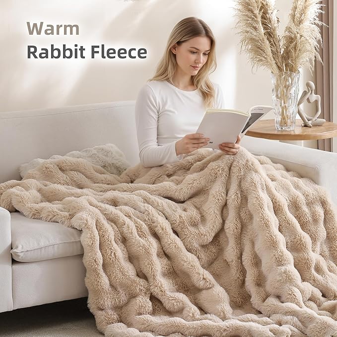 Smoofy Faux Fur Throw Blanket for Couch Rabbit Fleece - Linen Fluffy Blanket for Sofa Bedroom Living Room, Cozy Soft Plush Luxury Thick Winter Fuzzy Comfy Bubble Blanket - 60" x 80"
