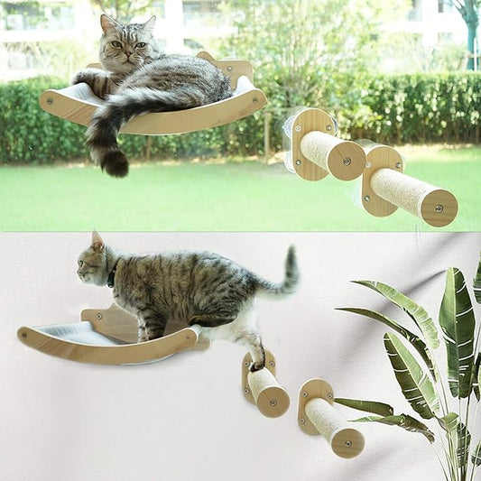 2-in-1 Cat Window Perch & Wall Shelves, Cozy Cat Window Hammock for Indoor Cats with 2 Pack of Sisal Window Shelf - Solid Wood Wall Mounted Furniture,for Sunbathing, Napping & Overlooking