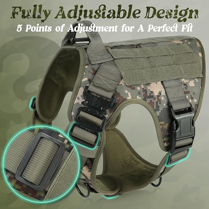 rabbitgoo Tactical Dog Harness for Large, Heavy Duty Pet Harness with Handle, No-Pull Service Vest Large Breed, Adjustable Military Dog Vest for Training Hunting Walking, Green Camo, XL