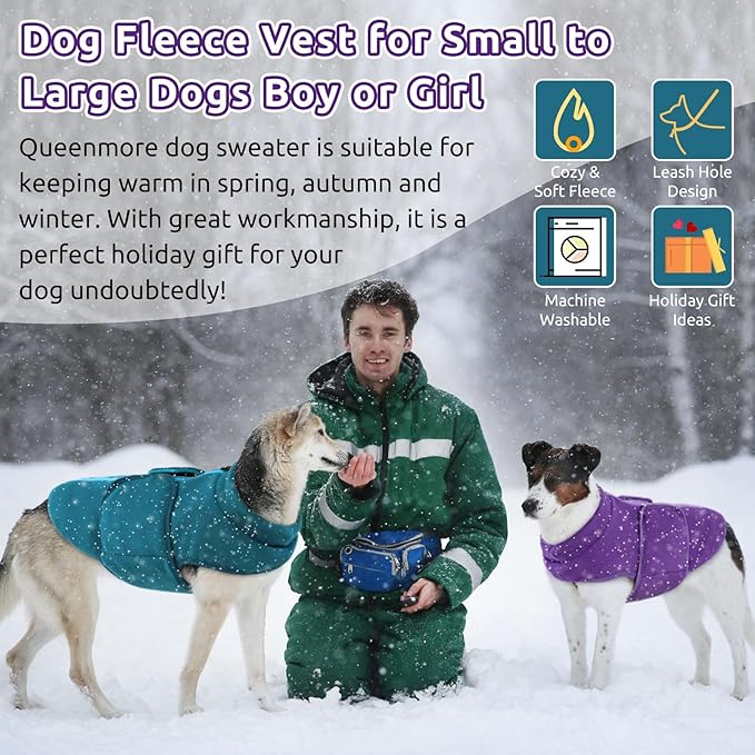 Queenmore Medium Dog Sweaters, Soft Fleece Vest Pullover Dog Jacket with Leash Hole, Warm Winter Dog Clothes Cold Weather Doggy Dachshund Sweater for Medium Dogs Cats Boy or Girl (Peacock-Blue,M)