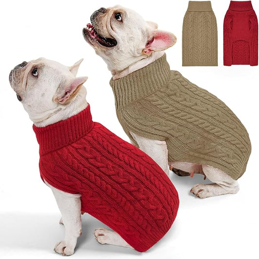 2 Pack Dog Sweaters for Medium Dogs Turtleneck Pullover Cable Knit Stretch Clothes French Bulldog Dachshund Boston Terrier Corgi Beagle Pug Boy Girl Pets Winter Clothes (M, Red & Brown)