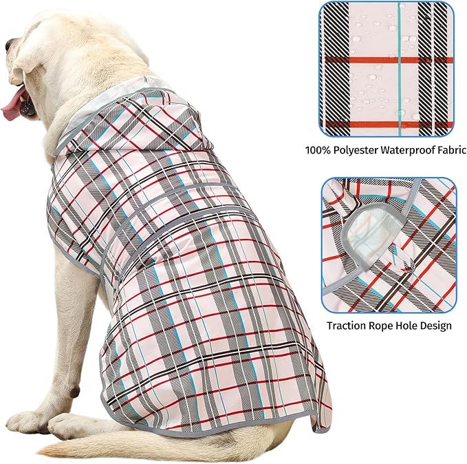 Dog Rain Coat for Large Dogs Waterproof Hooded Rain Jacket with Reflective Strips Leash Hole & Poncho Adjustable Fit (Plaid,XL)