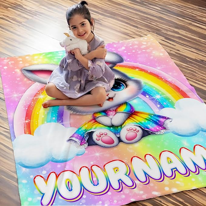 Personalized Rabbit Blanket Gift for Girls Bunny Throw for Kids Teens, 50x60 Inches Soft Warm Lightweight Rainbow Throw Blankets for Sofa Couch Bed Travel