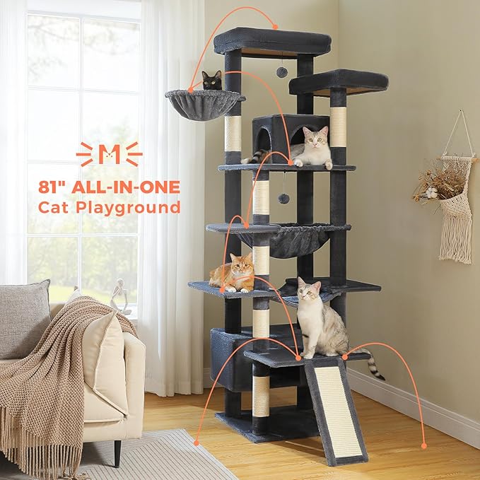 81 Inch Tall Cat Tree for Indoor Cats Large Adult - Multi-Level Cat Tower with Large Metal Frame Hammock, 2-in-1 Scratching Ramp, 2 Top Perches, 2 Cozy Condos & 6 Scratching Posts - Dark Grey