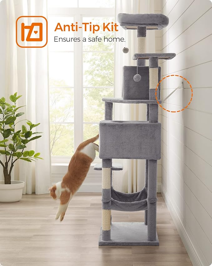Feandrea Cat Tree, 75.2-Inch Cat Tower for Indoor Cats, Plush Multi-Level Cat Condo with 5 Scratching Posts, 2 Perches, 2 Caves, Hammock, 2 Pompoms, Light Gray UPCT191W01