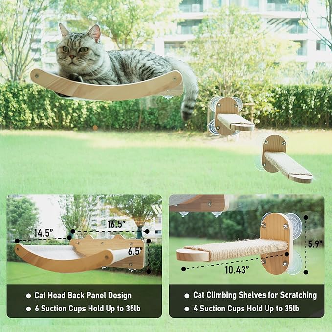 2-in-1 Cat Window Perch & Wall Shelves, Cozy Cat Window Hammock for Indoor Cats with 2 Pack of Sisal Window Shelf - Solid Wood Wall Mounted Furniture,for Sunbathing, Napping & Overlooking