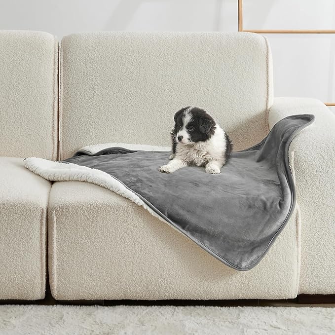 Waterproof Blanket for Bed Couch Sofa, Soft Liquid Pee Proof Pet Blanket for Dog Puppy Cat, Reversible Sherpa Fleece Furniture Protector (Grey, 30x40 inches)