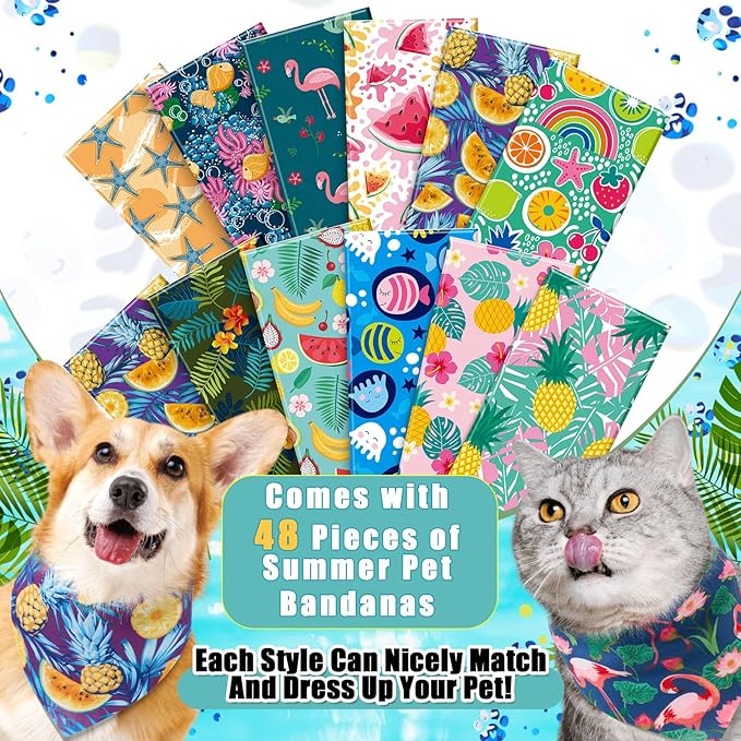 Sanwuta 48 Pcs Dog Bandana Bulk Summer Scarf Washable Flamingo Dogs Bibs Adjustable Washable Kerchief Puppy Bandana for Small and Large Party Pet Bandanas Handkerchief Hawaii Beach Scarf Accessories